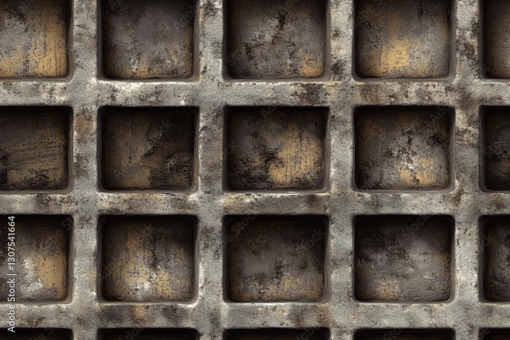 Poster seamless brown cinder block textured concrete wall with square grid patterns. the surface shows sign