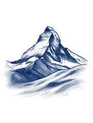 Detailed illustration of the Matterhorn mountain, snowy peaks,  blue ink drawing