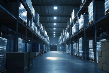 Empty Warehouse Aisle with Stacked Pallets and Bright Lights