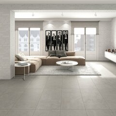 Modern Luxury Living Room Interior design with Stylish Furniture and Minimalist Decor, comfy sofa set and white ceramic coffee table, marble flooring, window to a city view. 3D Illustration. 3D Render