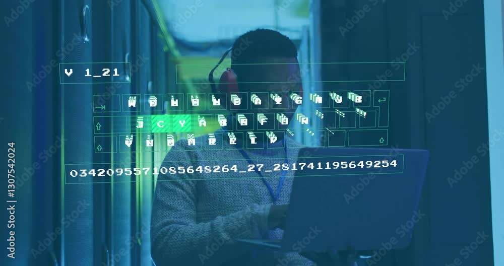 Aufkleber in server room, person working on laptop with digital code animation overlay