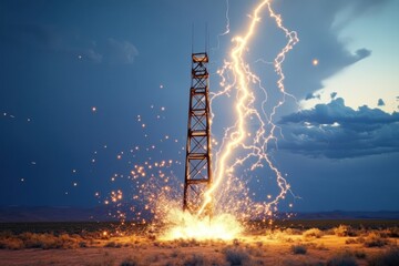 Lightning strikes tower in dramatic nighttime display over a desert landscape
