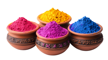 Colorful Holi Powder in Traditional Clay Pots on on Transparent Background