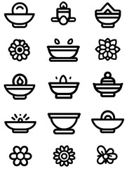 A clean and simple line-art icon set representing Thai New Year, including water splashes, traditional bowls, and flower motifs, highlighting the celebration&acirc;&euro;&trade;s festive atmosphere.