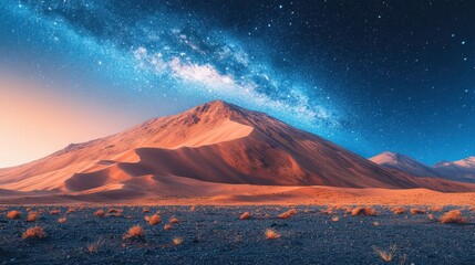 Expansive Desert Landscape Under Starry Sky with Swirling Galaxies