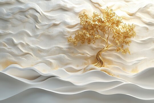 3D mural wallpaper shows white, gold waves, gold tree. Design embossed creating relief effect. Abstract art decorates wall background. Modern design for home . 32k Resolution 