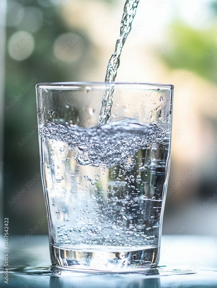 Poster refreshing water pouring into a clear glass creating bubbles outdoors during the day generative ai