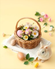 Delicate Easter still life with bunny, basket and eggs