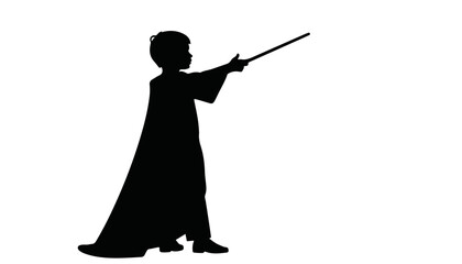 Child casting spell with wand in silhouette against white background