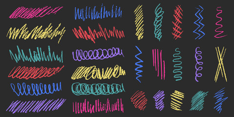 Pencil underlines, crayon scribble brush and line. Multi colored kids crayon scribble line and stroke. Crayon elements in grunge style. 