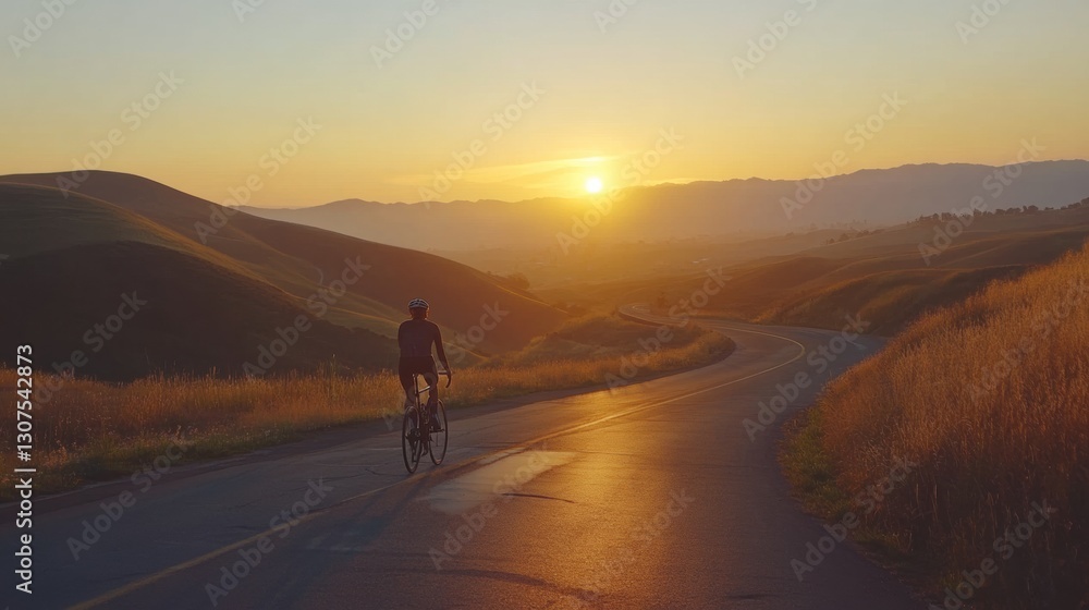 Poster cyclist rides towards a glowing sunset on rolling hills at the golden hour generative ai