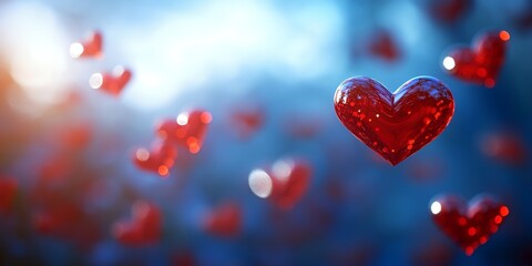 Obraz premium Floating Heart Ornaments Against a Soft Blue Background for Romantic Moments