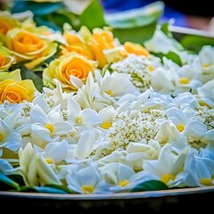 A close-up of a traditional floral garland made of jasmine, marigolds, and roses, beautifully arranged with vibrant colors and intricate details.