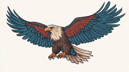 Fototapeta premium Eagle soaring with red and blue wings on white, ideal for patriotic themes and nature posters