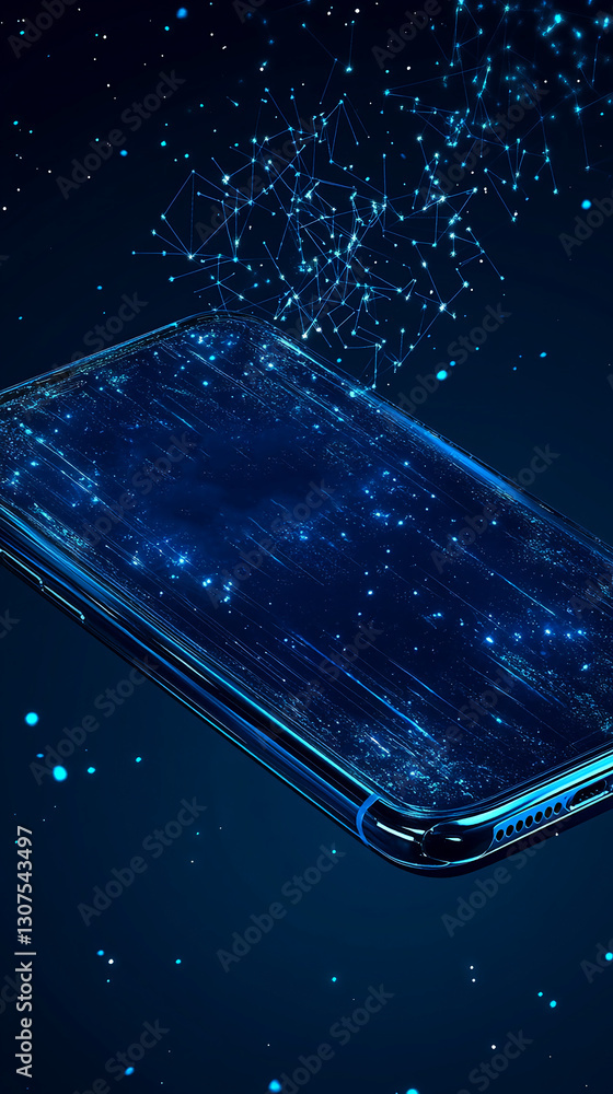 Poster dark blue smartphone screen with glowing lines and particles, showcasing digital connection and tech