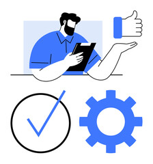 Man holding clipboard, thumbs-up symbol, checkmark, and gear icon. Ideal for productivity, teamwork, planning, evaluation approval efficiency goal-setting. Flat simple metaphor