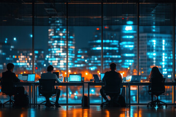 A team working late in an office, dedication