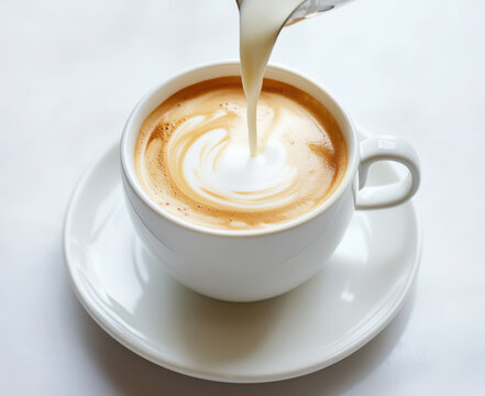 Barista pouring milk into coffee cup creating latte art