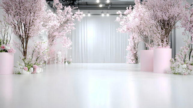 Elegant wedding ceremony setup with pink cherry blossom trees, white curtains, and pastel pink podiums in a modern event space, ideal for wedding invitations or event promotions