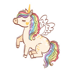 Rainbow unicorn. Hand drawn isolated horse unicorn isolated on white background. Bright illustration in lights colors for design children's room, clothing, nursery, poster