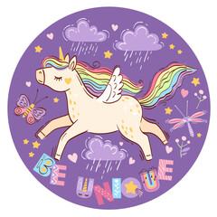 Hand drawn vector round frame. Cute unicorn among clouds, flowers and stars. Be unique. Bright illustration in purple colors for design children's room, clothing, nursery, poster