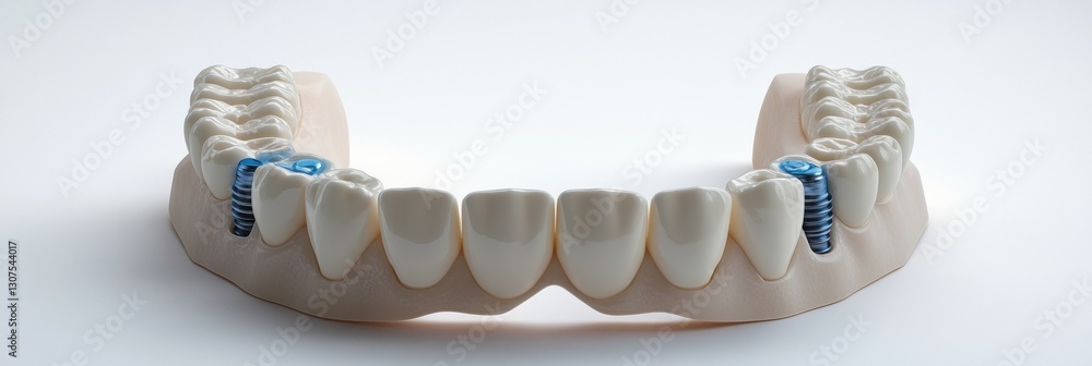 Poster 3d dental arch model showcasing implants with color highlights against a light background for educat