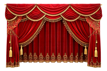 an opulent and luxurious red velvet stage curtain with intricate golden tassels, ornate fringes, and elegant drapery