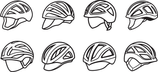 set of cycling helmet line art, black outline, vector and illustration, coloring book page line art drawing