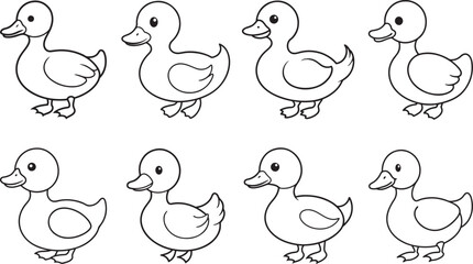 set of baby duck line art, black outline, vector and illustration, coloring book page line art drawing