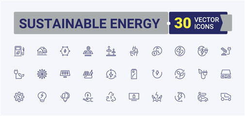 Sustainable Energy vector icon set. Featuring water, solar panel, power, station, renewable energy, light and more. Perfect for logos and infographic. Editable stroke icon collections.