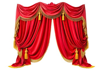 an opulent and luxurious red velvet stage curtain with intricate golden tassels, ornate fringes, and elegant drapery