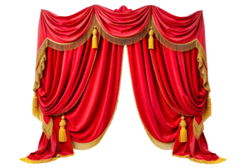 an opulent and luxurious red velvet stage curtain with intricate golden tassels, ornate fringes, and elegant drapery