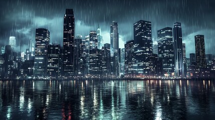 Rainy Night Cityscape Dramatic Skyline Urban Night Rain Reflections wet art dark view blue grey dark