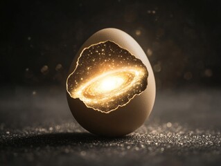 Cracked Egg Revealing a Glowing Galaxy Inside  
