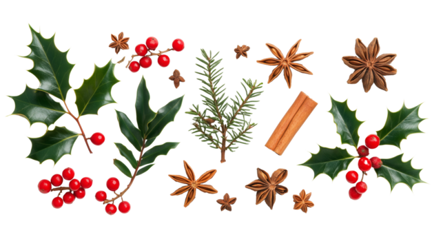 Christmas Seamless Pattern – Cinnamon, Star Anise, Holly, and Red Berries on a transparent background