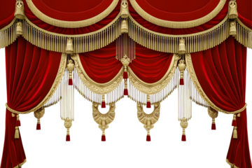 an opulent and luxurious red velvet stage curtain with intricate golden tassels, ornate fringes, and elegant drapery