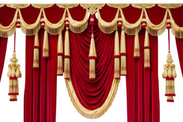 an opulent and luxurious red velvet stage curtain with intricate golden tassels, ornate fringes, and elegant drapery