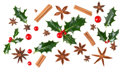 Christmas Seamless Pattern – Cinnamon, Star Anise, Holly, and Red Berries on a transparent background