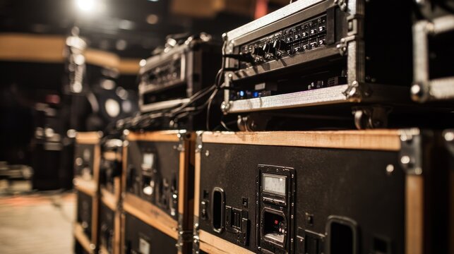 Stage audio equipment stacked backstage