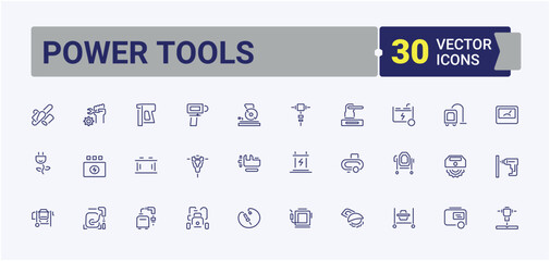 Set of Power Tools line icons. Contains such icons as angle, equipment, chaser, hacksaw, jackhammer, industry and more. Thin icon design. Minimalist editable vector stroke.