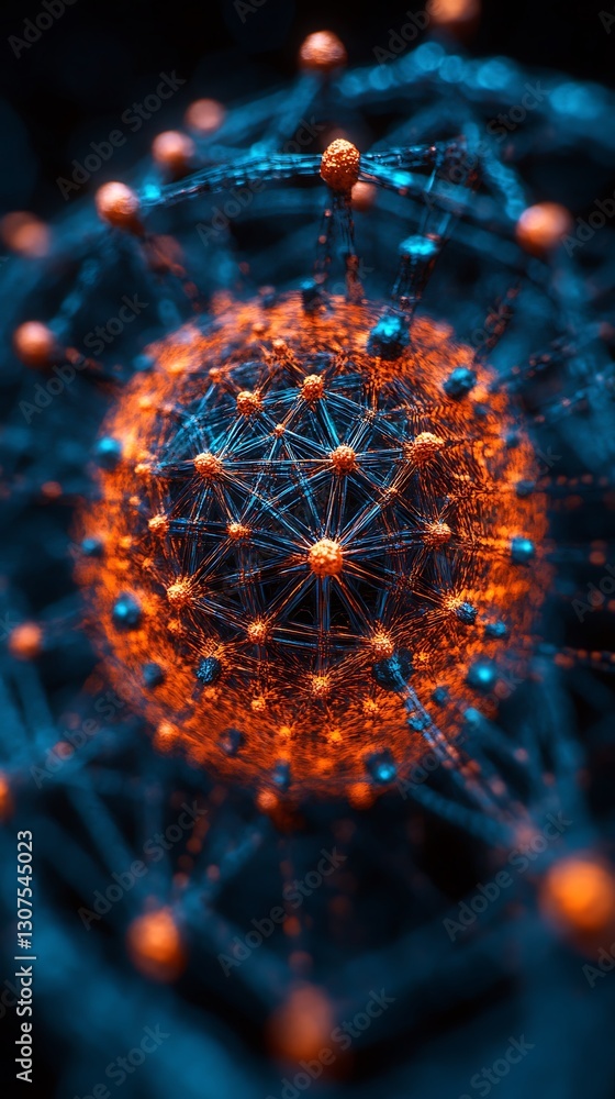 Poster abstract globular network, interconnected nodes and lines for scientific use