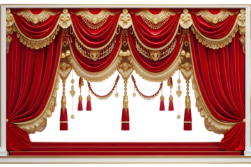 an opulent and luxurious red velvet stage curtain with intricate golden tassels, ornate fringes, and elegant drapery