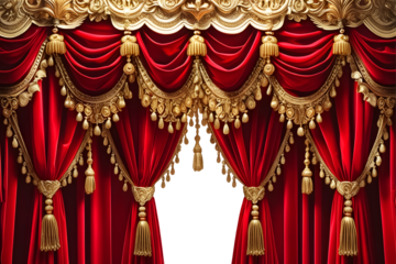 an opulent and luxurious red velvet stage curtain with intricate golden tassels, ornate fringes, and elegant drapery