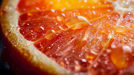 Close-up of a juicy grapefruit slice with water droplets