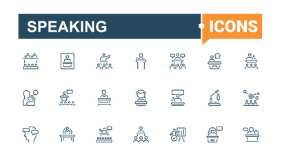 Public Speaking linear icon collection. Contain linear outline icons conversation, orator, stage, presentation, meeting, presenter and more. Web icons. Editable stroke icon collections.