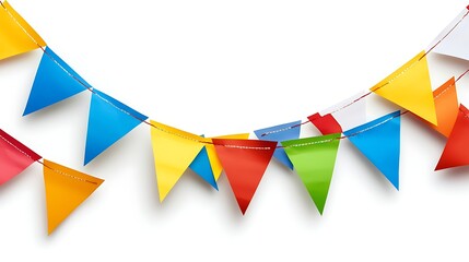 A festive arrangement of colorful bunting flags strung across a plain white background, with realistic soft shadows that create depth and a sense of movement.