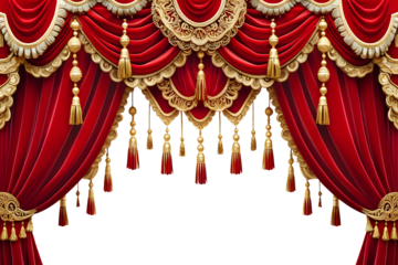 an opulent and luxurious red velvet stage curtain with intricate golden tassels, ornate fringes, and elegant drapery