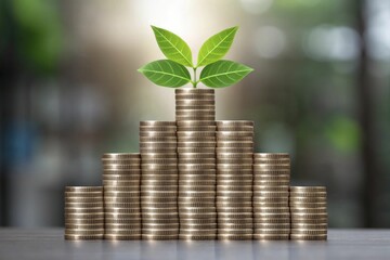 A stylized staircase made of stacked coins, leading to a couple of green leaves at the top, symbolizing financial growth.