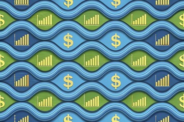 A vibrant, abstract wave pattern with financial symbols, creatively illustrating the flow of money in investments.