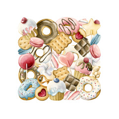 Cute sweet food desserts square arrangement. Watercolor hand painted isolated illustration for confectionery, kids party